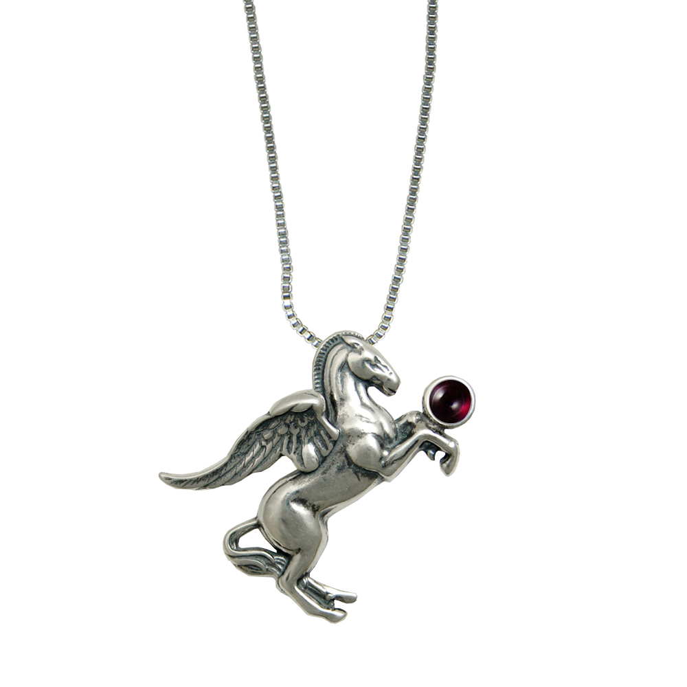 Sterling Silver Greek Winged Horse Pegasus Pendant With Garnet